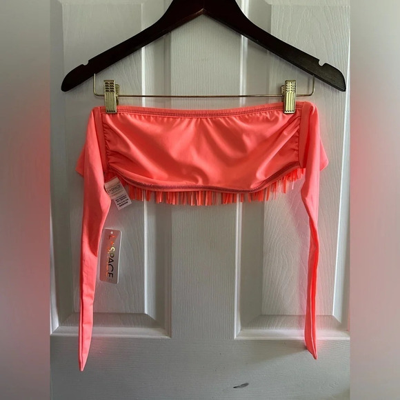 L Space l*space ELECTRIC CORAL Dolly Knotted Fringe Bateau Bikini Top Neon Sexy - Picture 3 of 9